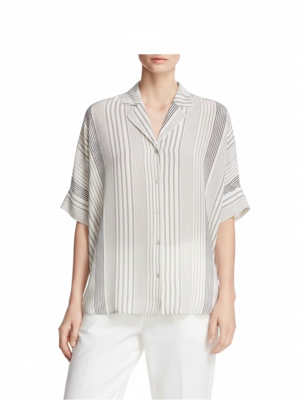 Eileen Fisher Cream and Gray Striped Button-Down Dolman Shirt Silk Medium. NWOT